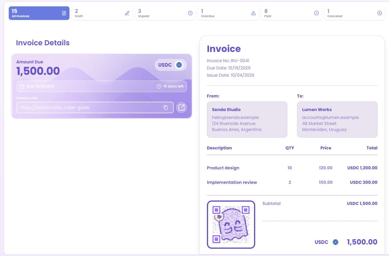 Issued invoice preview with line items, total and unpaid status.