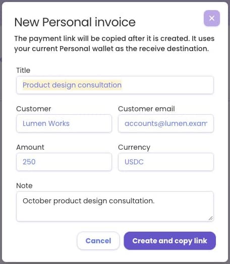 Personal payment request dialog with title, customer email, amount, currency and note.