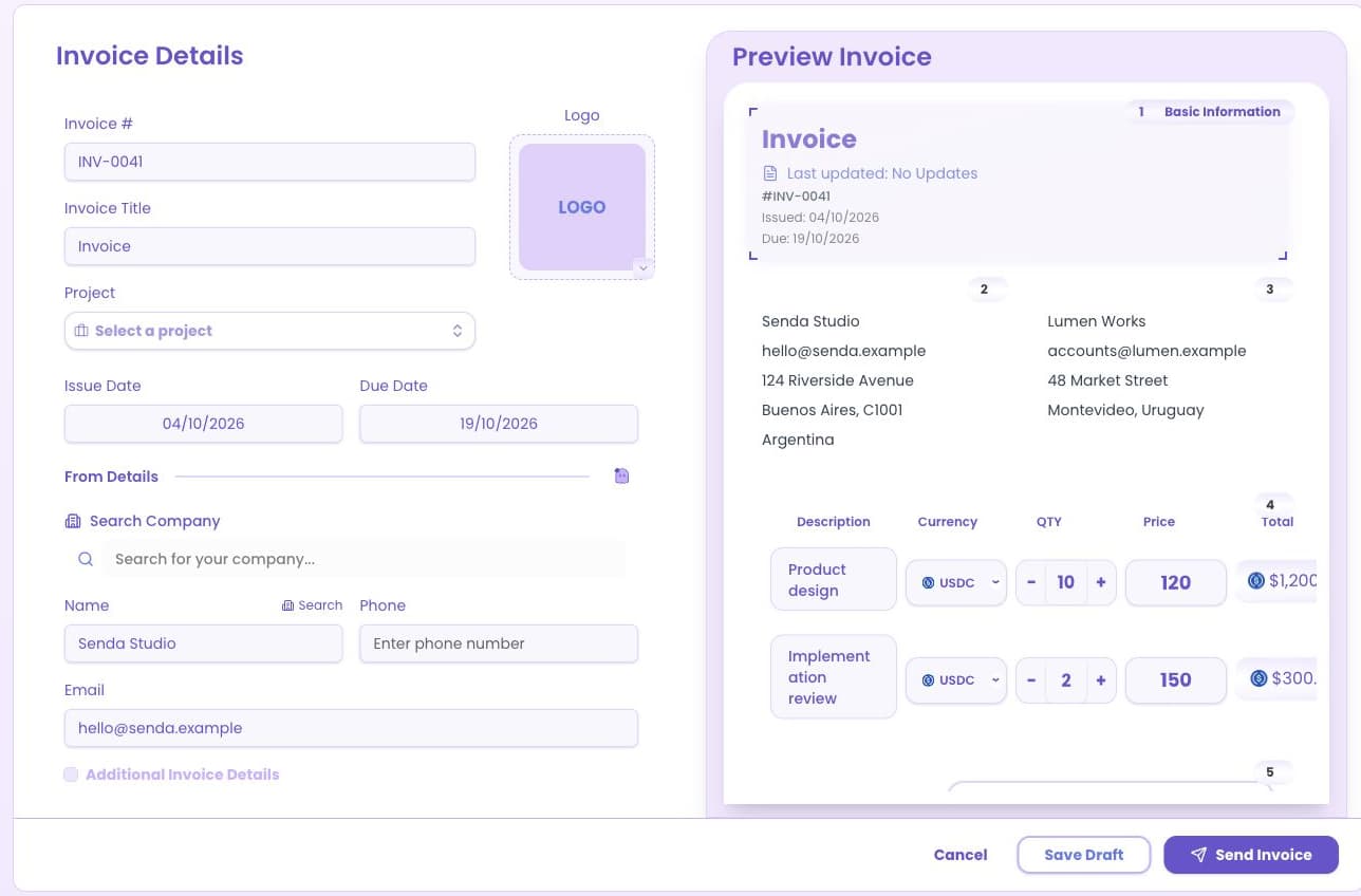 Team invoice sheet with customer details, invoice fields and live preview.
